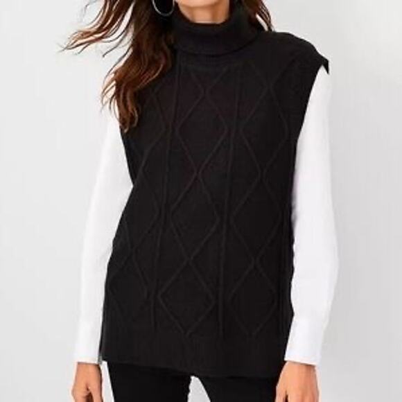Ann Taylor Black Sweater Vest Cable Knit Turtleneck Large Petite LP - Picture 1 of 6